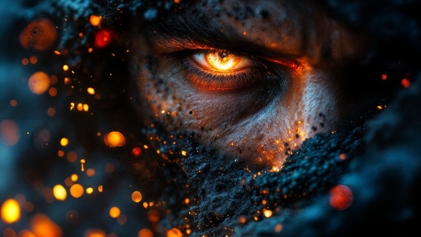 Mysterious Warrior Portrait with Glowing Embers and Ice