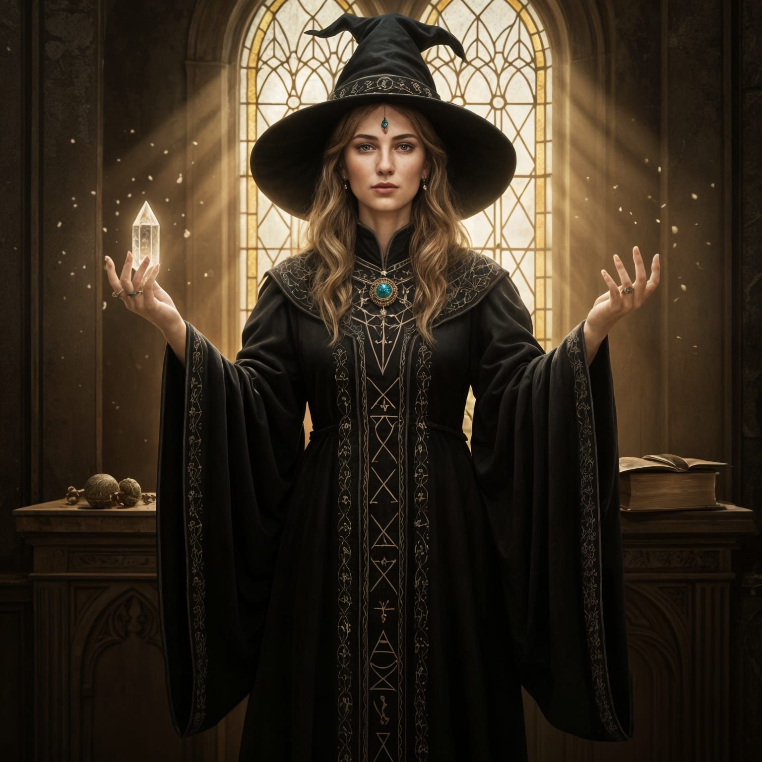 Ancient Witch Holding Crystal Orb and Grimoire