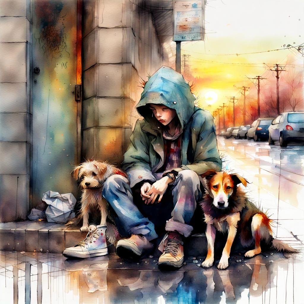Watercolor of a Sad Homeless Boy with Dog