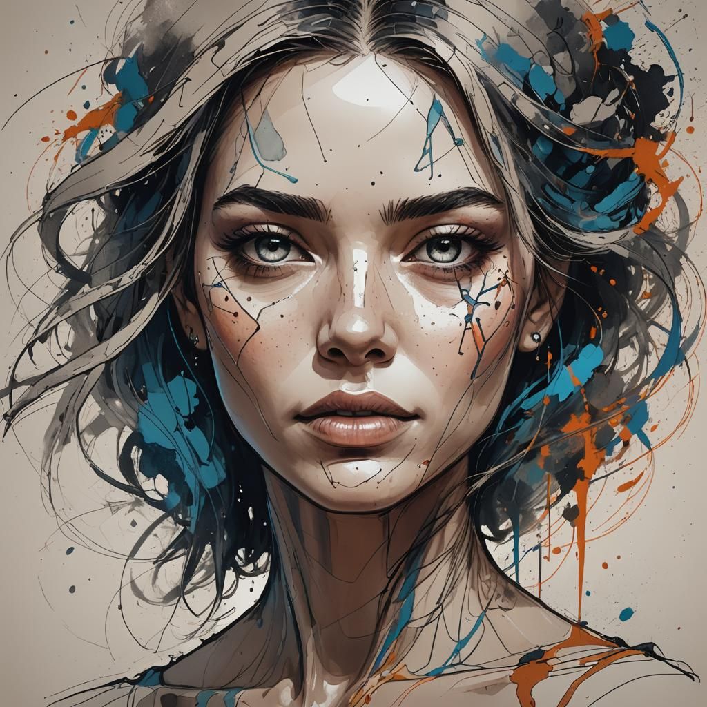 Expressive Sketch of Woman's Face in Detailed Matte Painting...