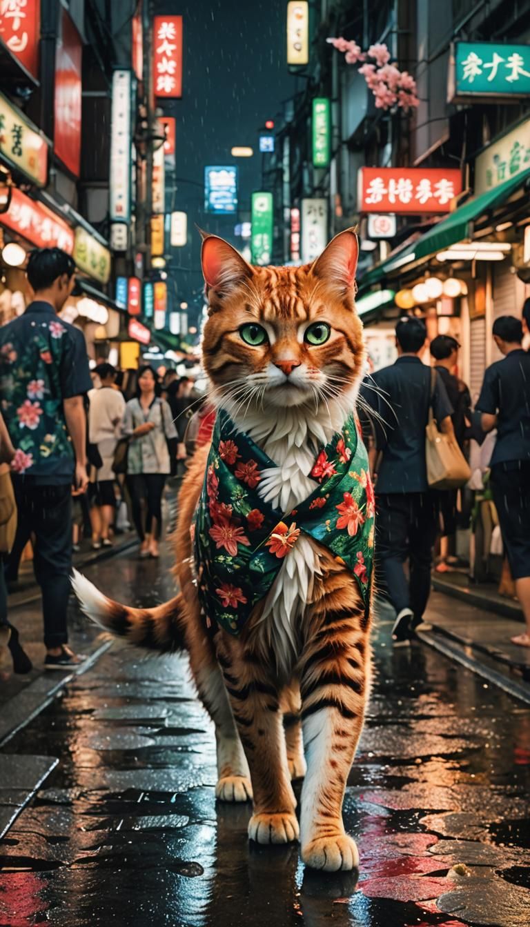 Anthro Cat in Yukata, Shibuya Night, Painterly Realism