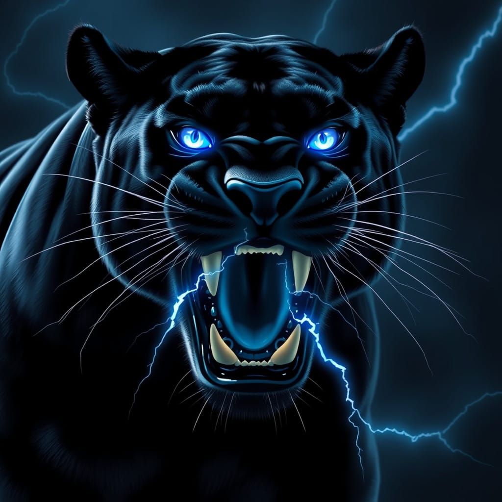 Majestic Black Panther Ignites with Electric Blue Energy