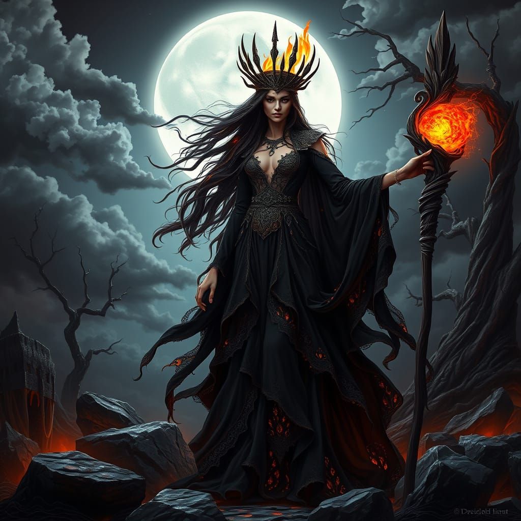 Mysterious Sorceress Under Silvery Moonlight