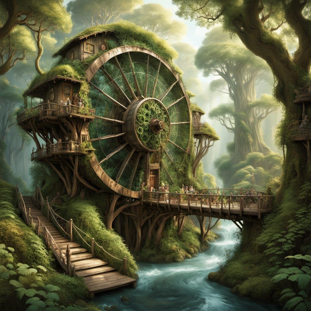 Whimsical Faery Village Waterwheel in Earthy Tones
