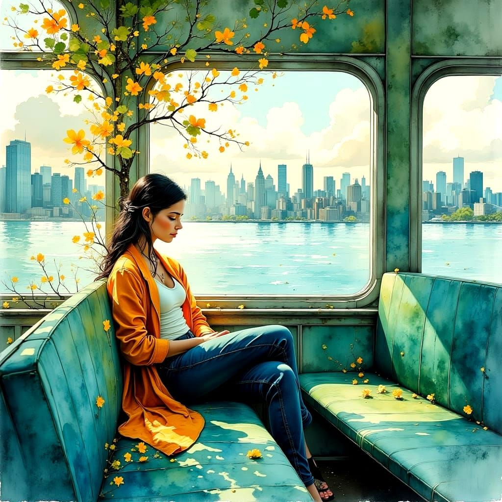 Greyhound on the Hudson in Wet Watercolor Style