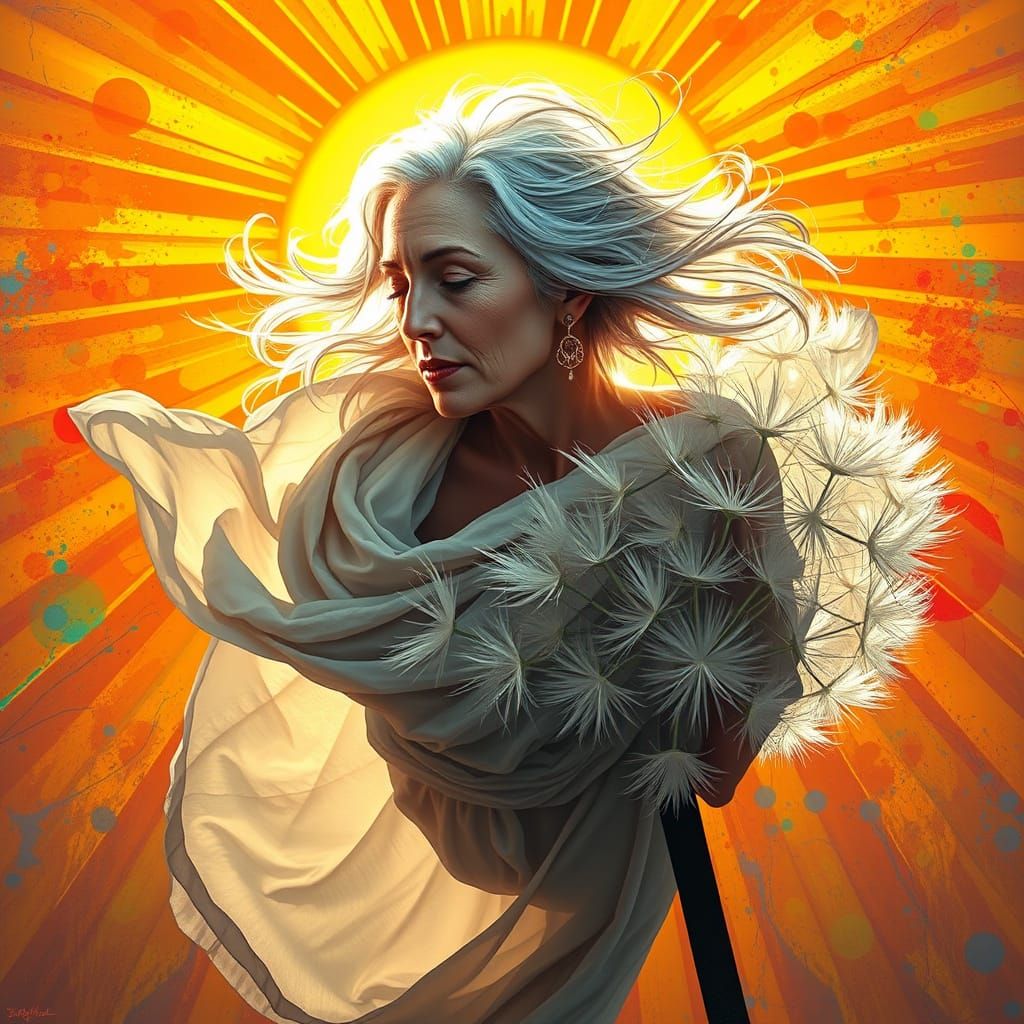 Elegant Woman Drifting on Dandelion Seed