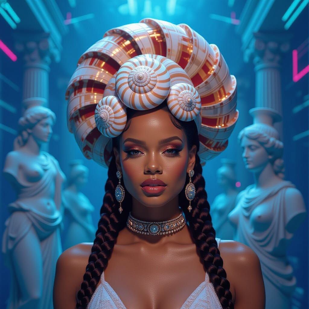 Woman with Nautilus Shell in Cyberpunk Psychedelic Style