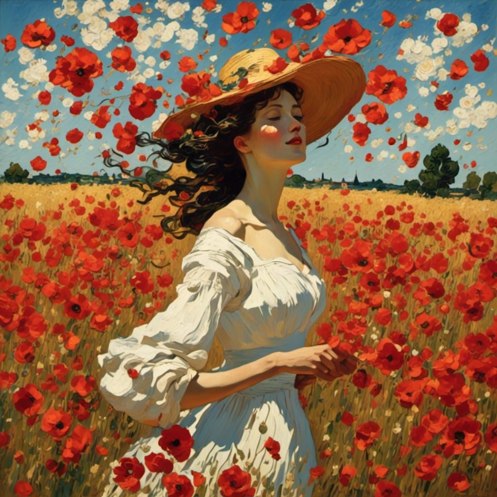Woman in Poppy Field: Impressionist Oil Painting