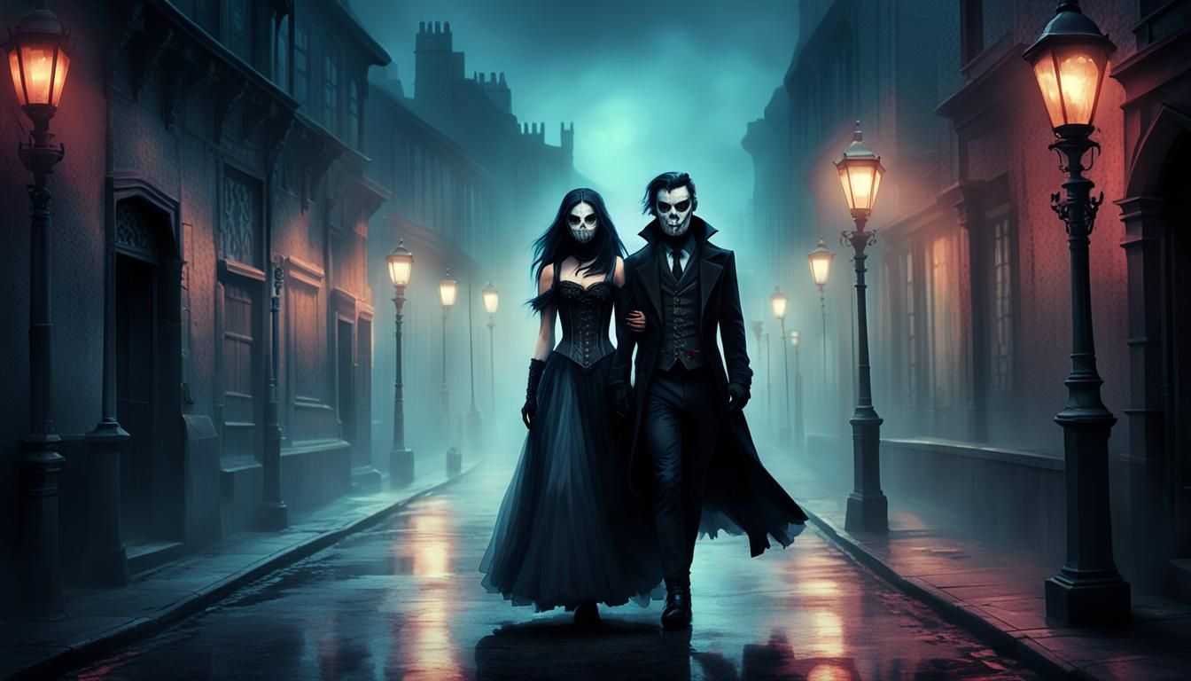 Gothic Couple in Misty Street: A Dark Fantasy Scene