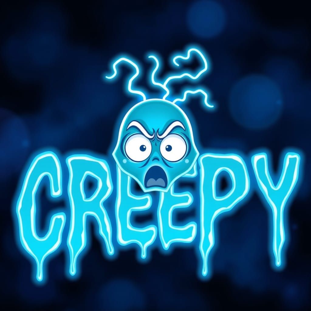 The word “CREEPY” in neon ICE BLUE liquid font where the letters appear to be made of water, using flowing shapes and tr...