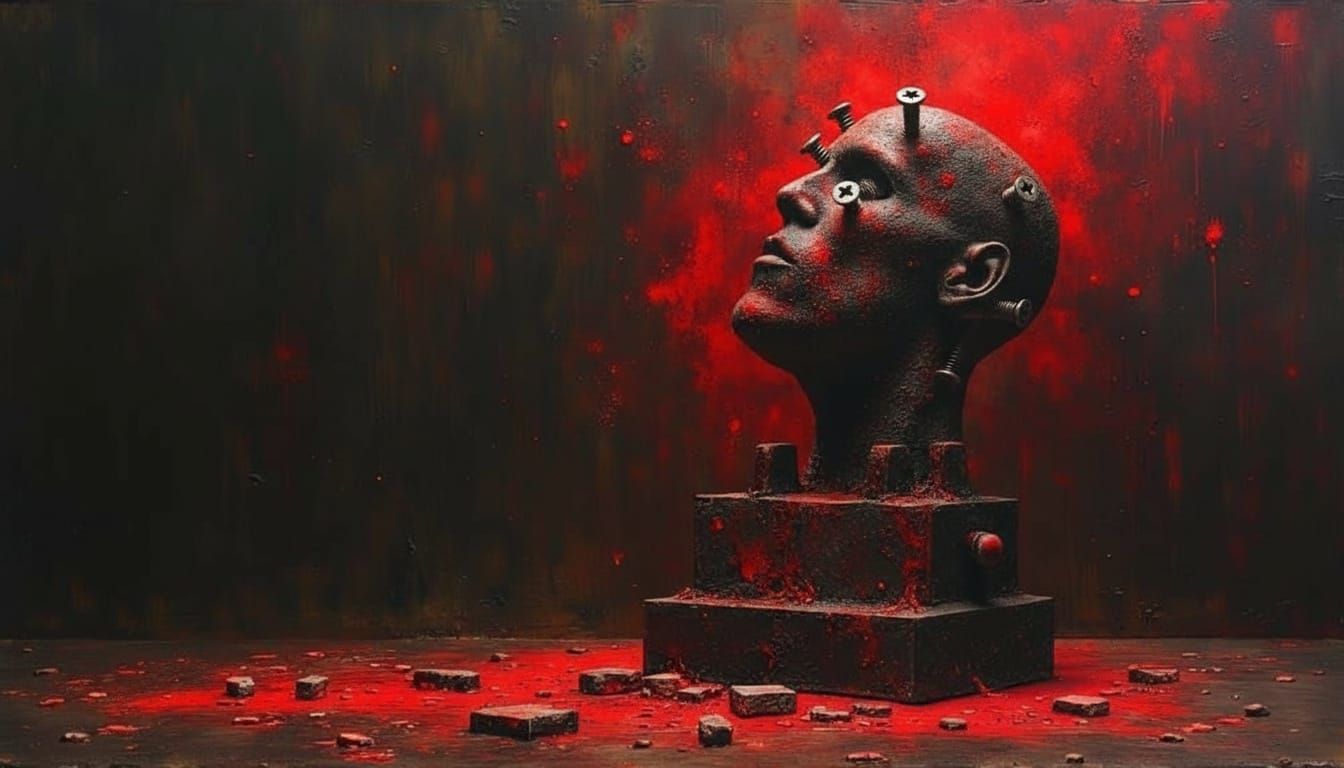 Head in a Vice with Crimson Splashes