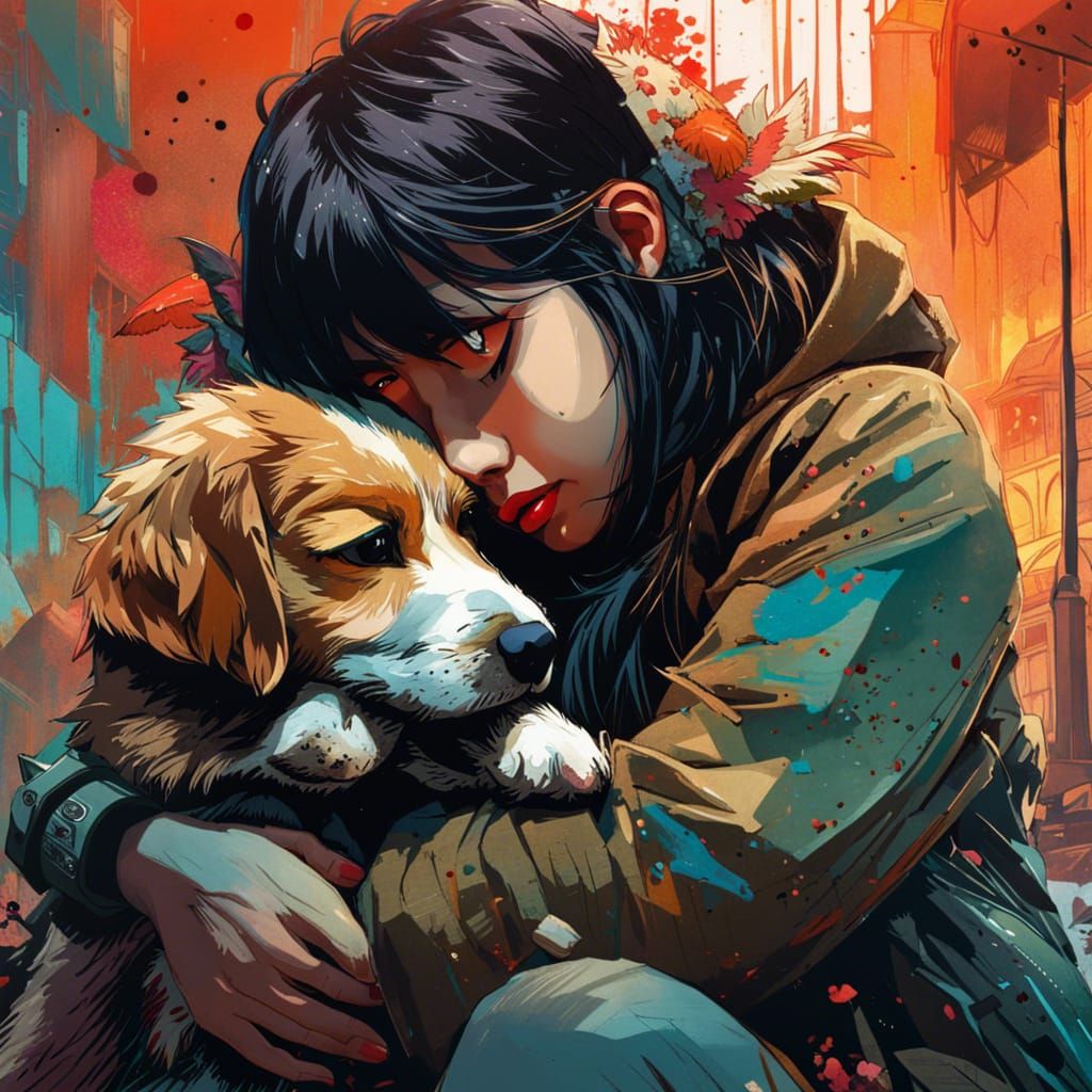 Girl's Loving Embrace with Puppy: Digital Art