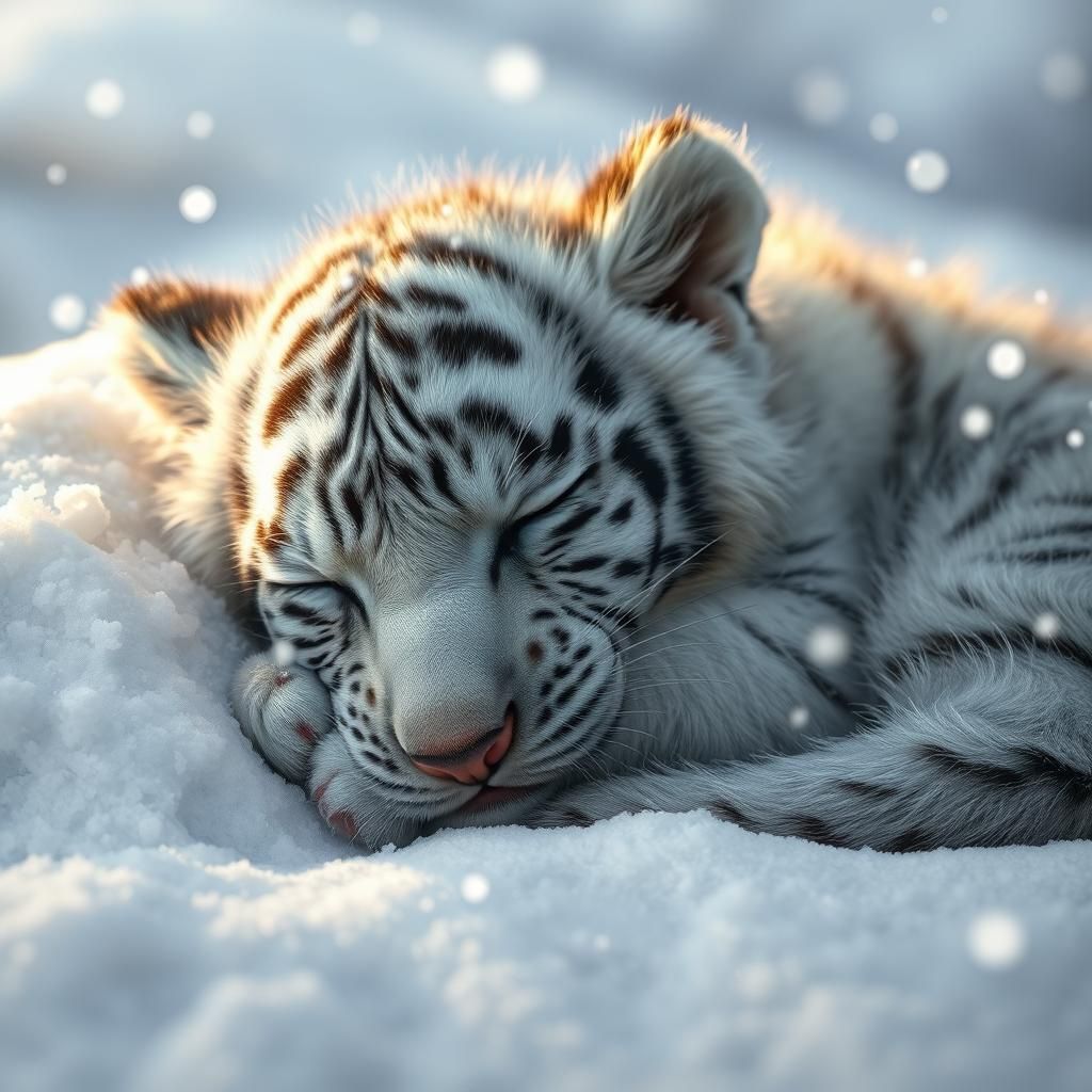 Sleeping White Tiger Cub in Snowy Winter Scene