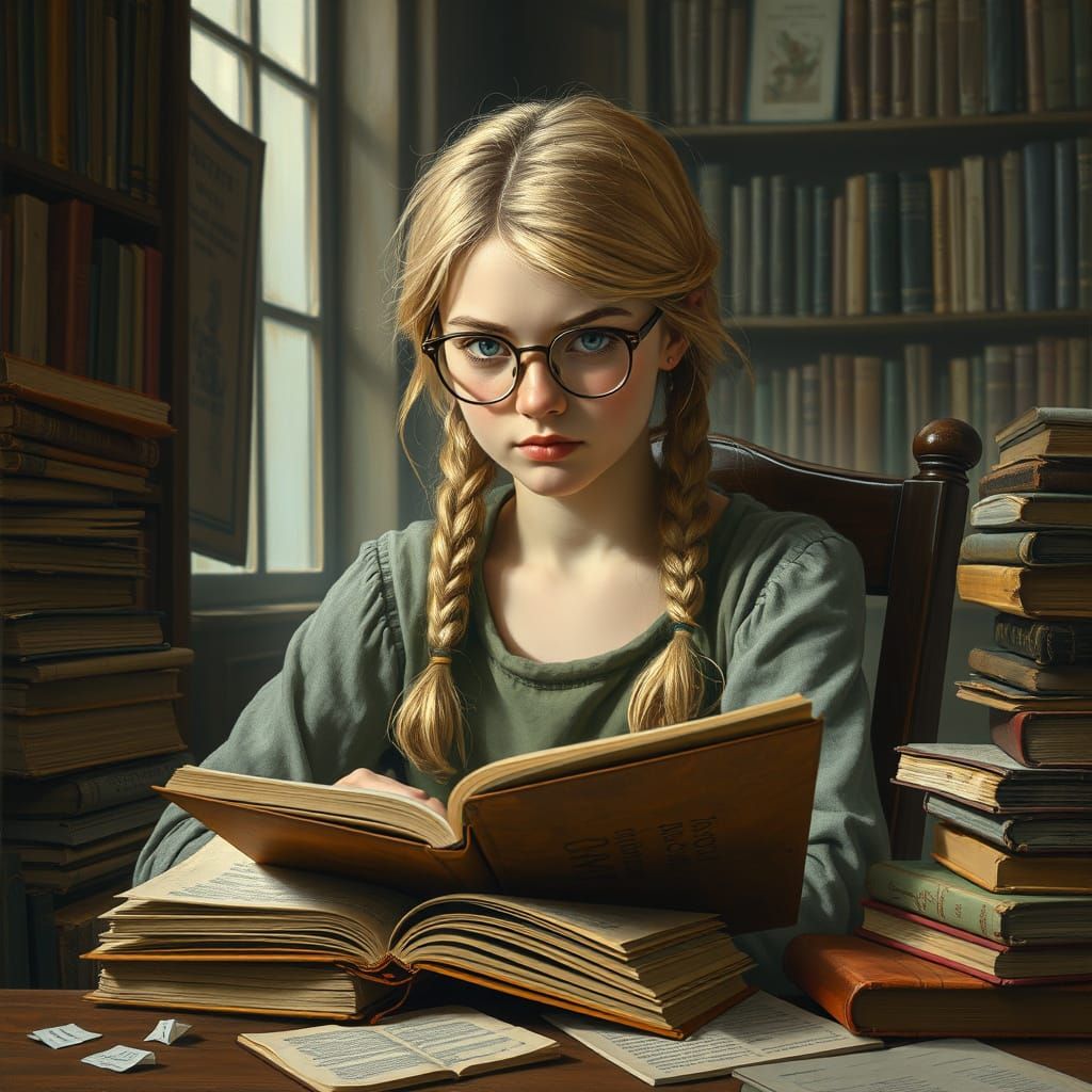 Intense Young Scholar in a Warm Library