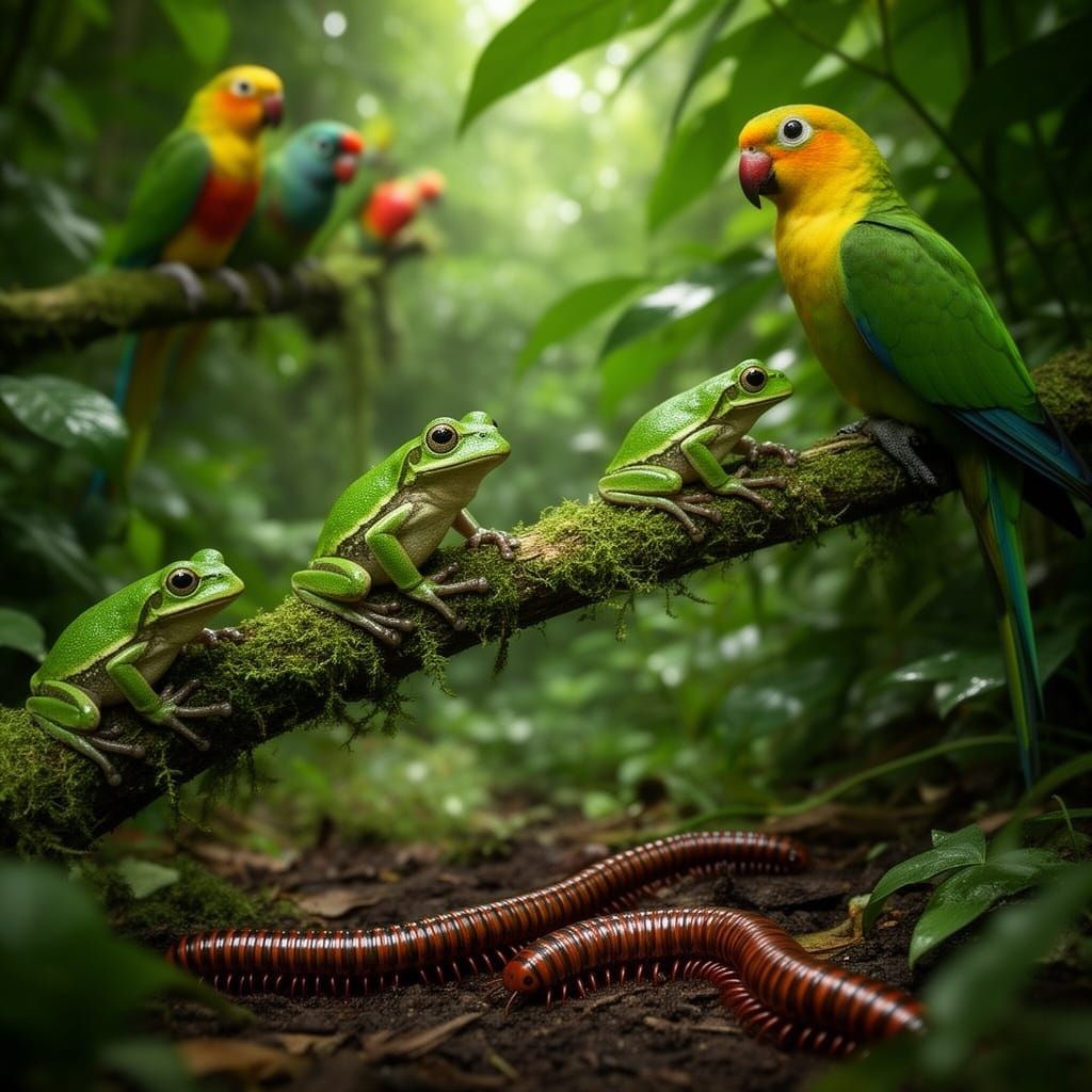 Hyperrealistic Forest Scene with Frogs, Millipedes, and Para...