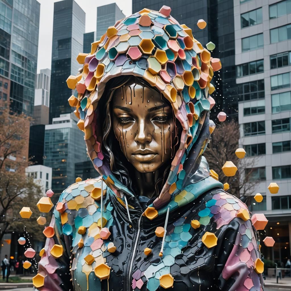 Surreal Honeycomb Sculpture in Urban Landscape