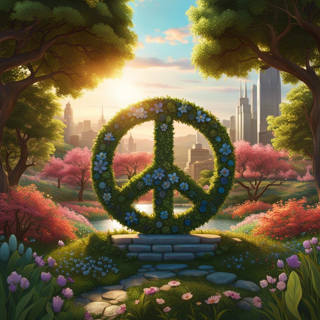 Stone Peace Symbol in Blooming Landscape