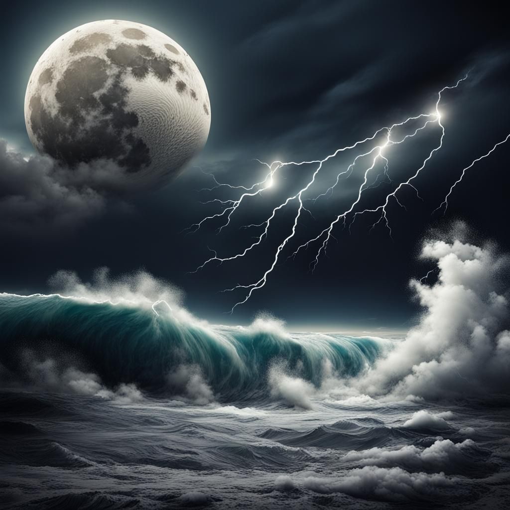 the moon colliding into the earth, large scale destruction, tidal waves, storms, lightning