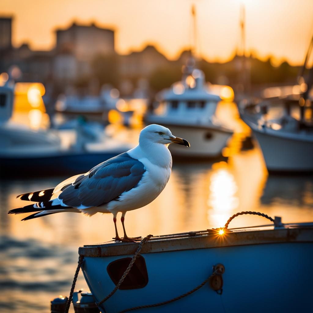 Seaside Golden Hour: Boat and Seagull in Bokeh