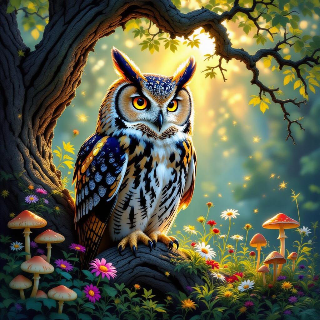 Enchanted Forest Owl with Golden Eyes
