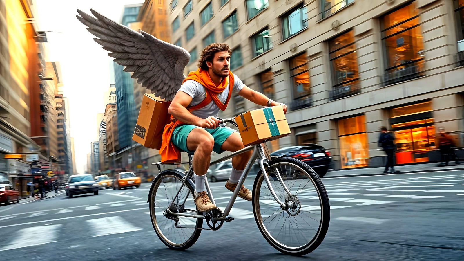 Modern Messenger God Speeds Through City Streets