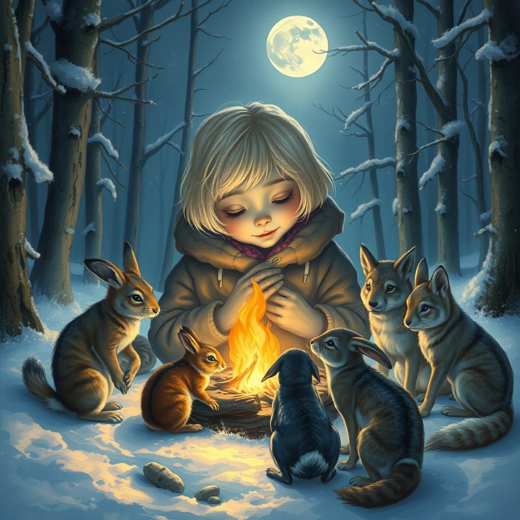 Girl's Soul Finds Warmth by Campfire in Snowy Forest