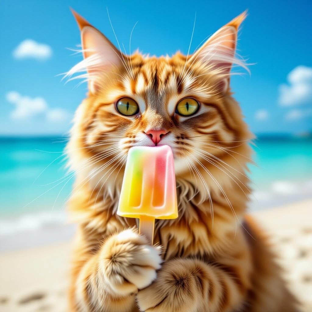 Realistic Cat Close-Up with Popsicle on Beach