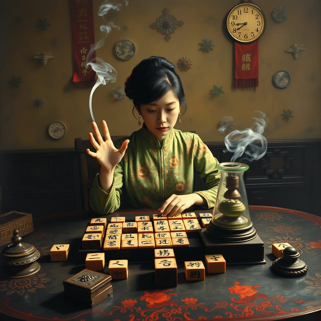 Surrealist Mahjong Scene with Melting Tabletop