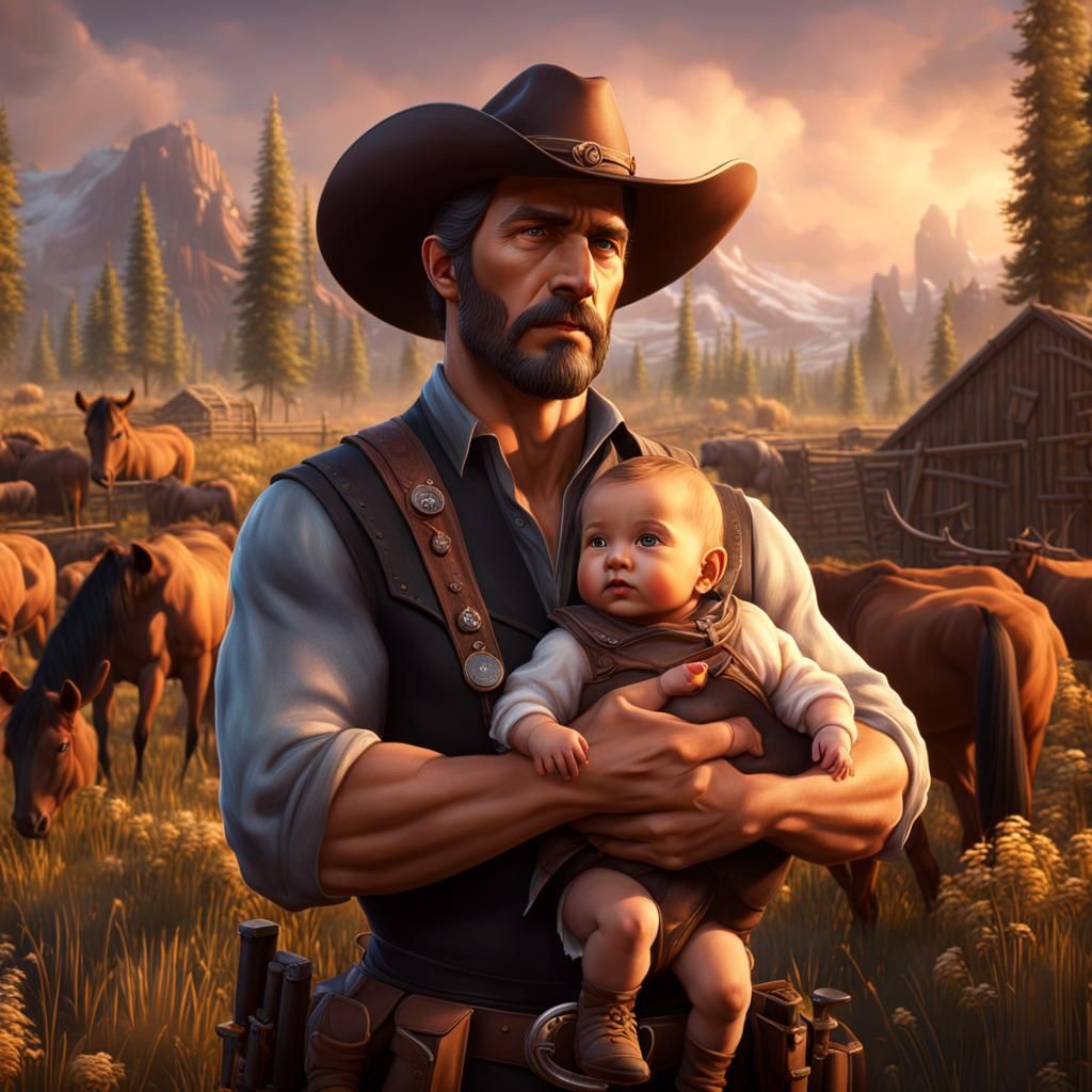 Rancher with Baby Girl: Detailed Fantasy Art