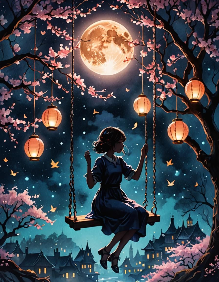 Girl on Swing with Glowing Lanterns in Watercolor