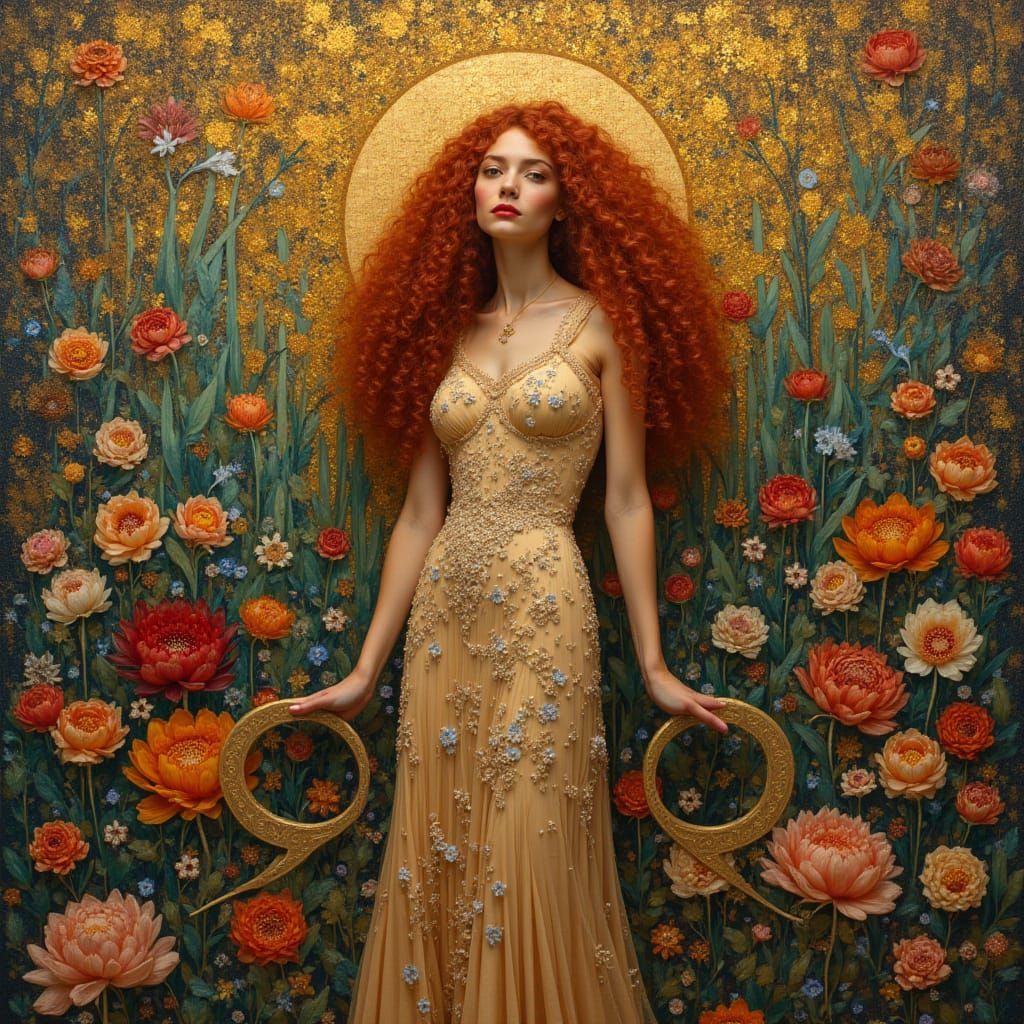 In the style of Klimt a beautiful curly haired-woman in an A...