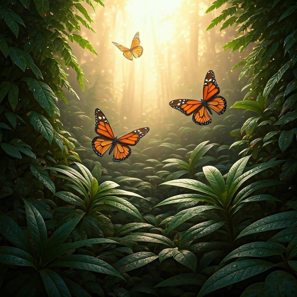Monarch Butterflies in Enchanted Forest: Digital Art