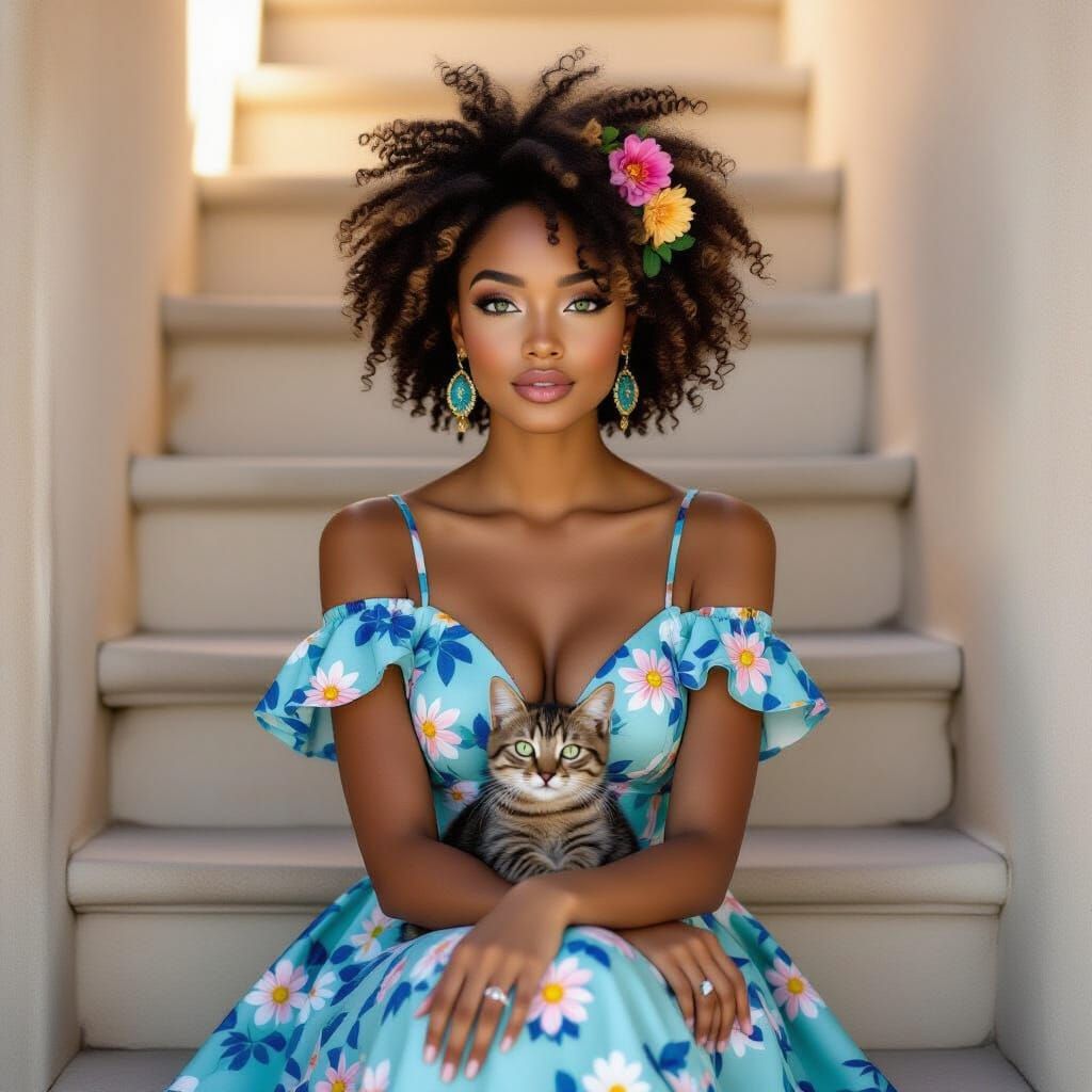 African-American Girl with Kitten, Doodle Style Illustration