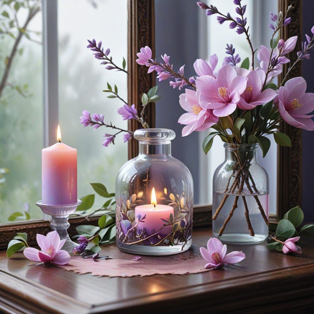Romantic Pink Candle and Flowers Still Life in Watercolor