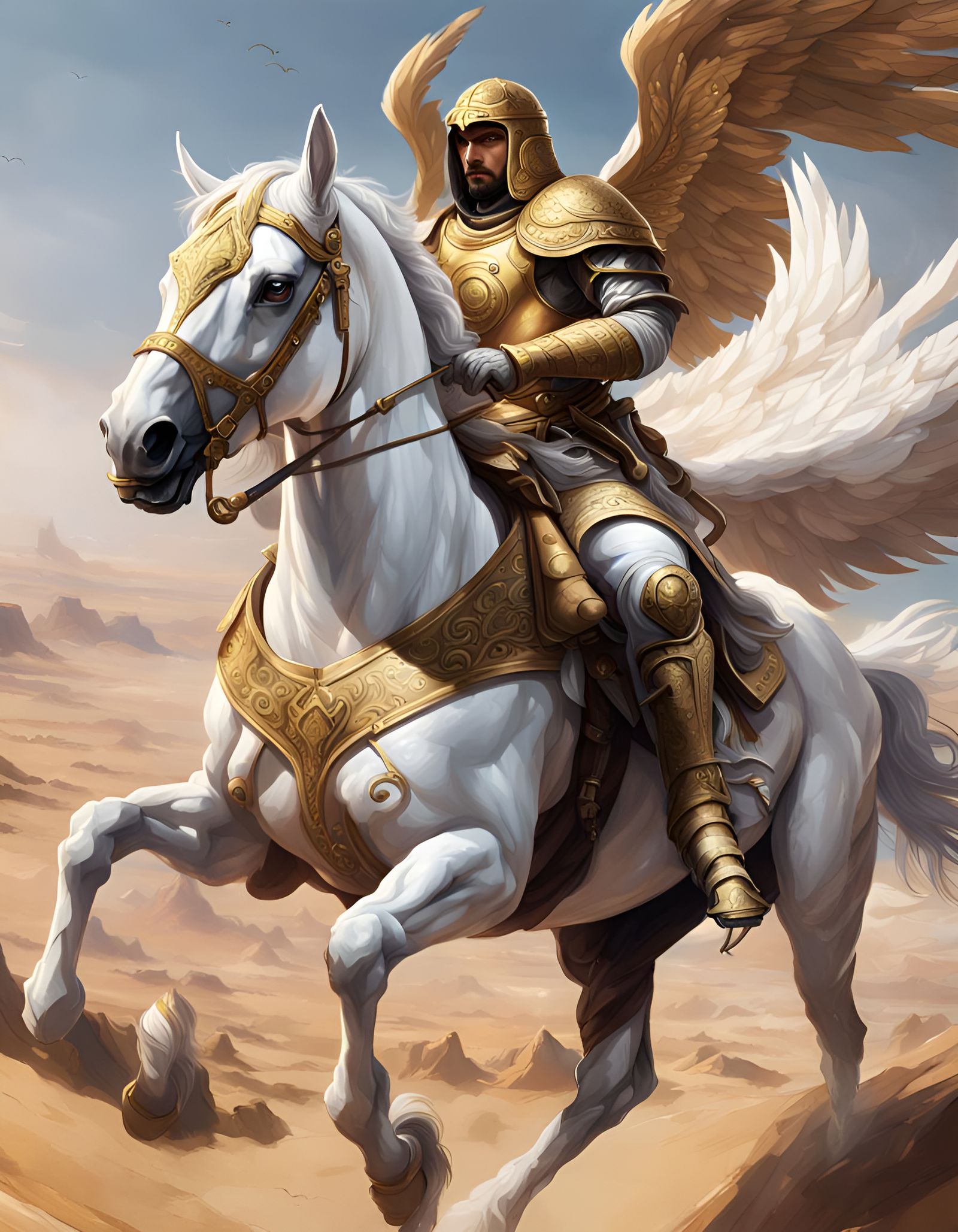 Male Paladin wearing Arab armor flying a white Pegasus,