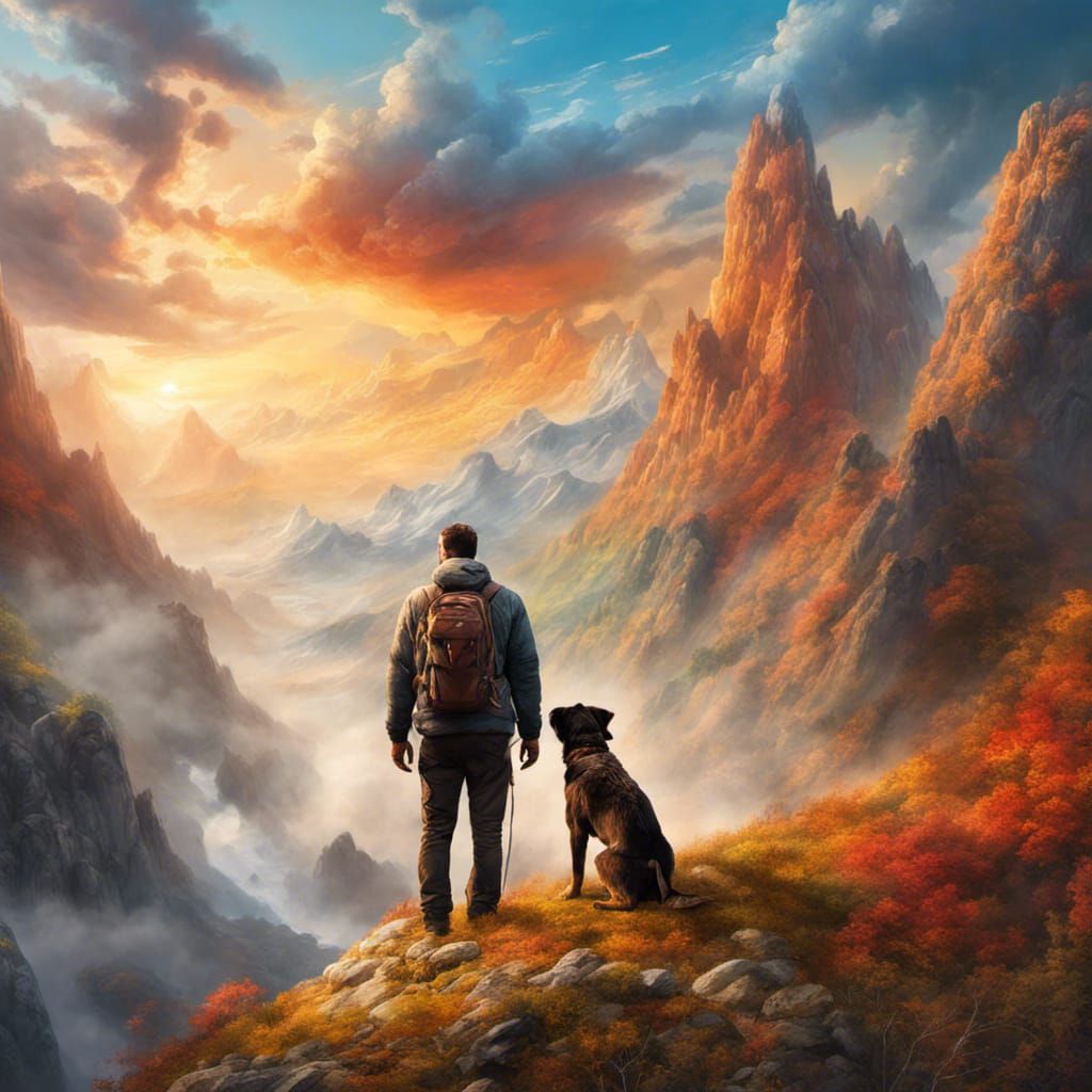 Dramatic Mountain Landscape with Man and Dog