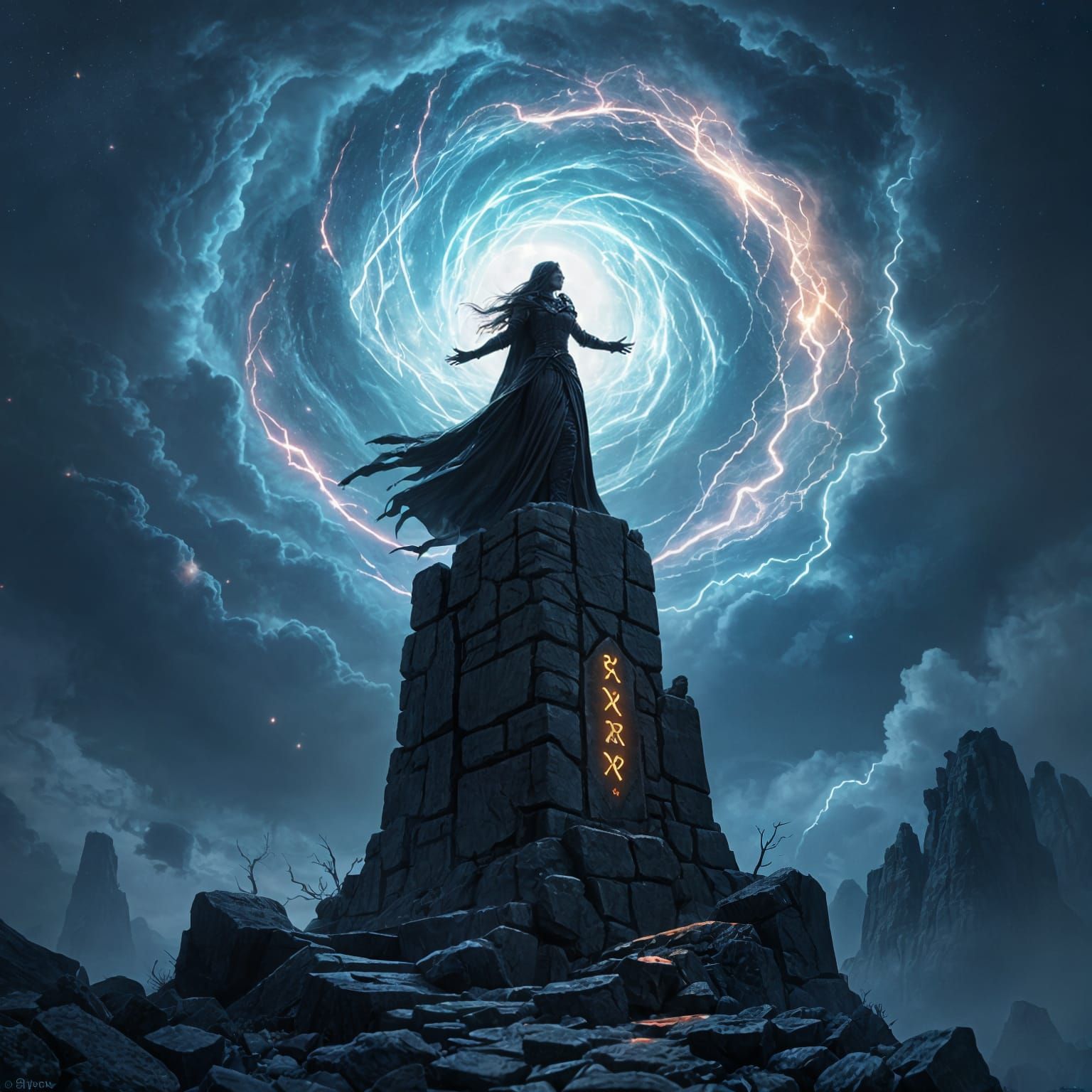Sorceress on Obsidian Tower Amidst Cosmic Vortex