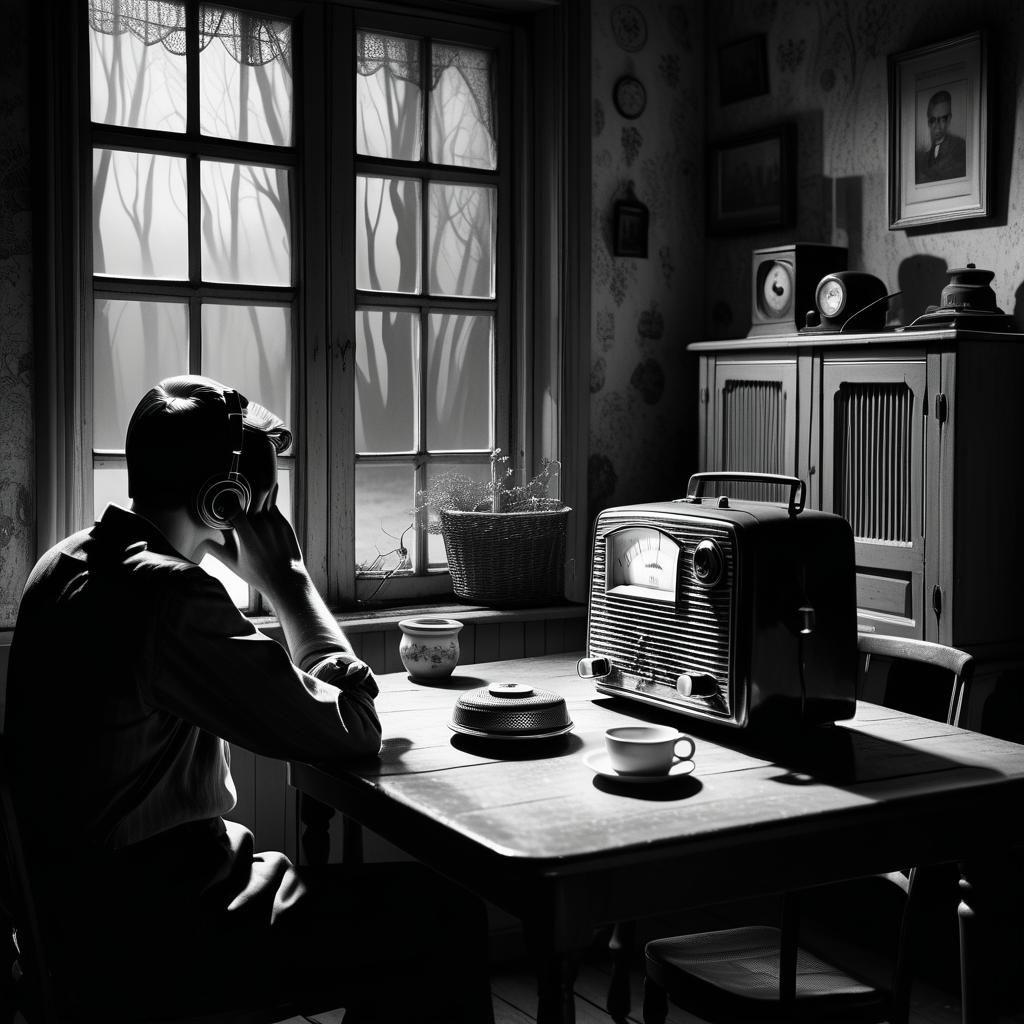 Monochrome Radio Listener in Eerie Scene