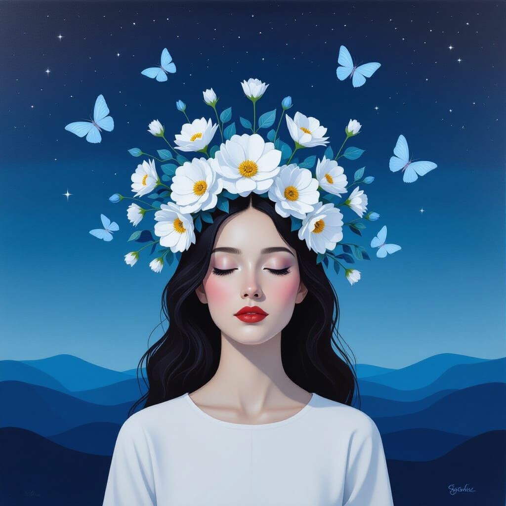 Surreal Woman with Flowers as Dreamscape Painting