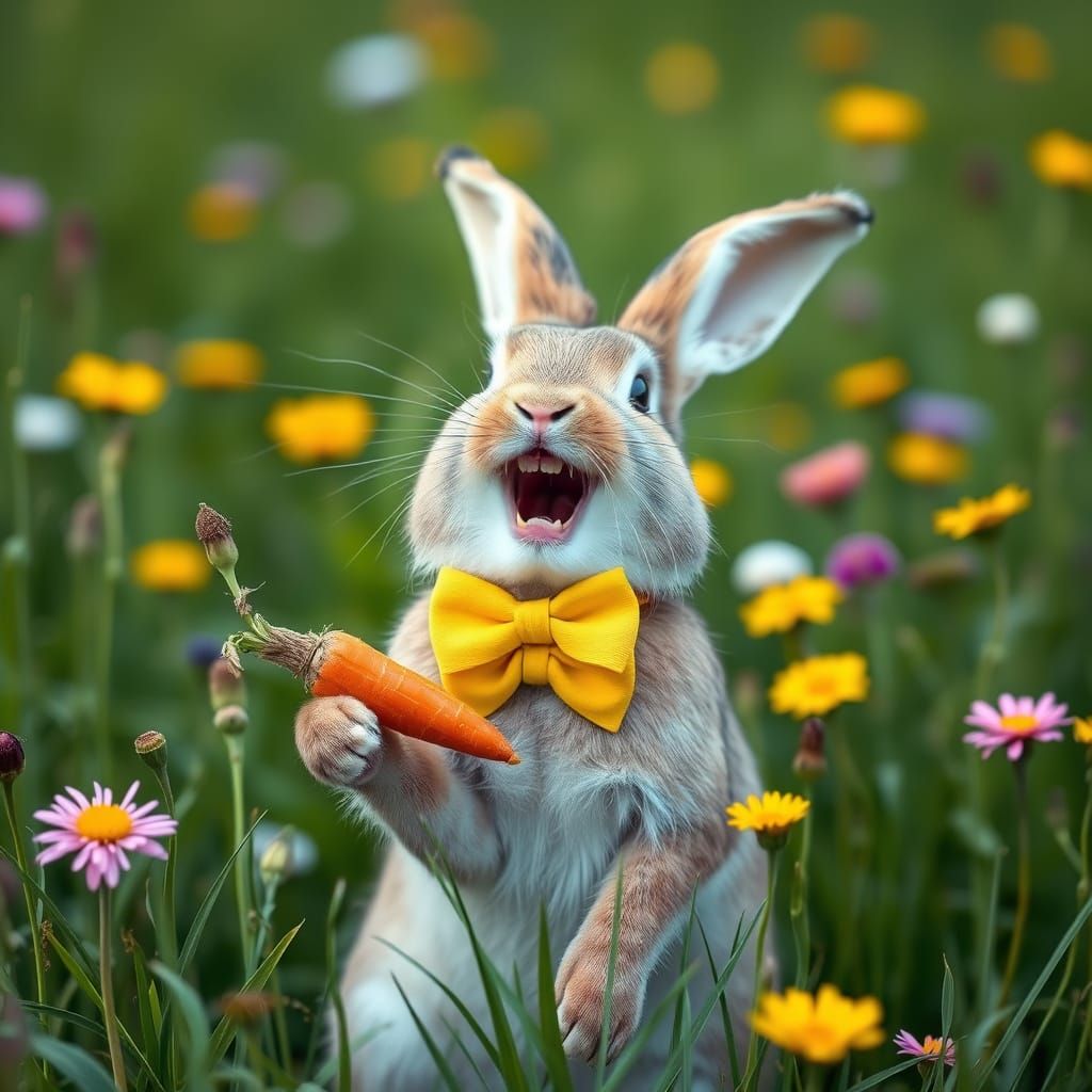Laughing Bunny with Bow Tie in Meadow