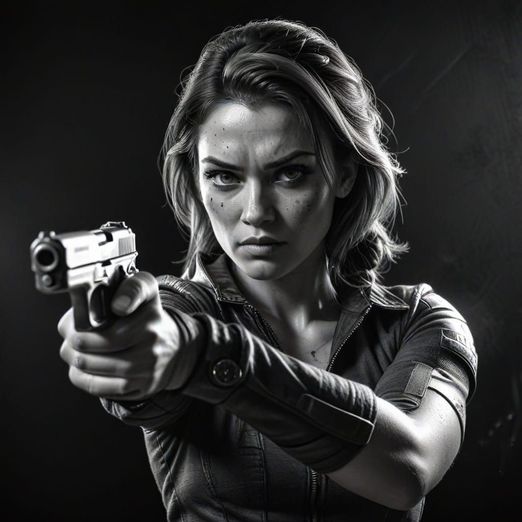 Woman with Gun: Hyper-Detailed Sin City Sketch