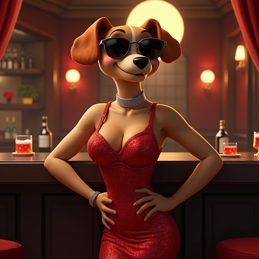 Glamorous Dog in Cocktail Bar, Disney Animation Style