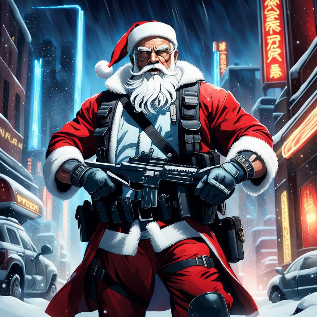 Tactical Santa in Noir Style Dystopian Cityscape