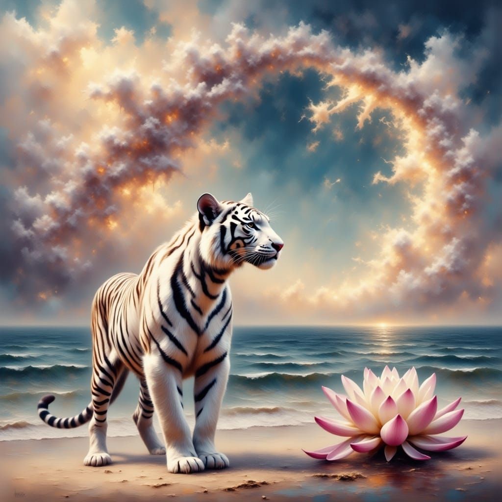 Majestic White Tiger Illuminated by Celestial Lotus