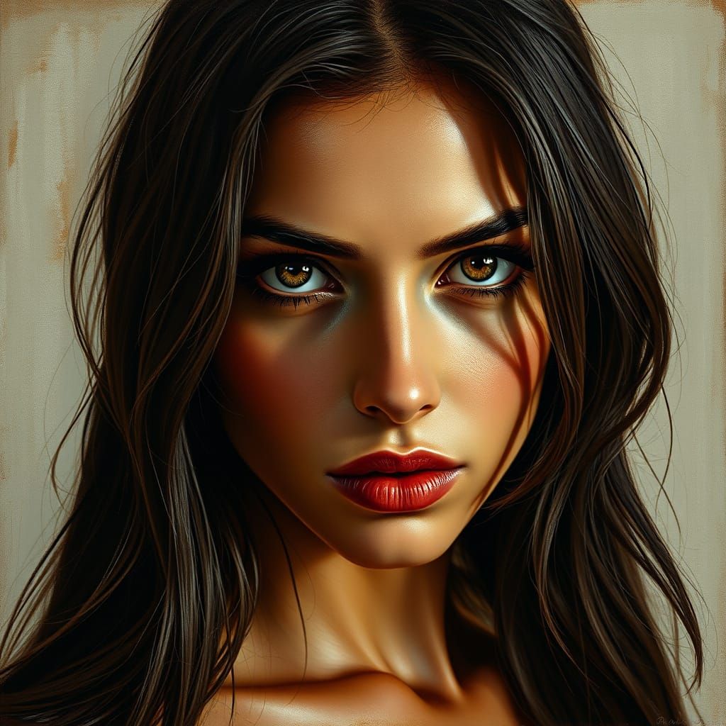 Brunette Woman Portrait in Gouache and Chiaroscuro