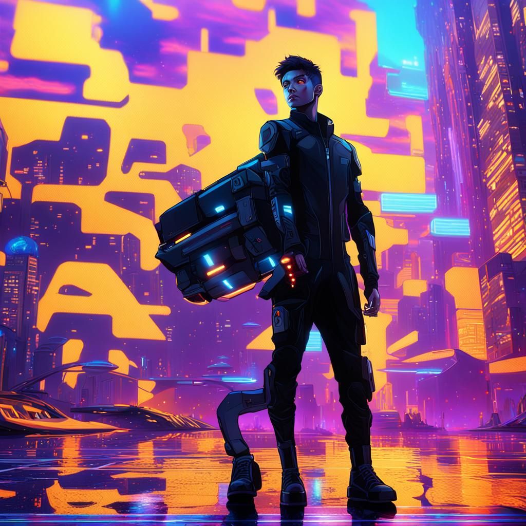 Futuristic Boy in Cyberpunk Cityscape: Digital Art