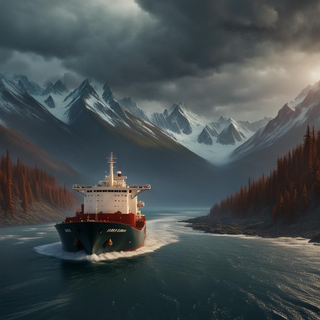 Tanker Braving Alaskan Storm: Matte Painting