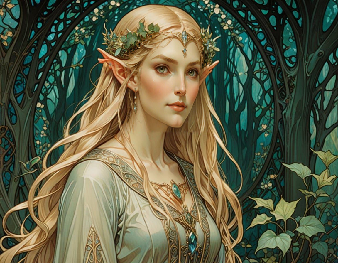 Ethereal Elf Queen in Art Nouveau Style