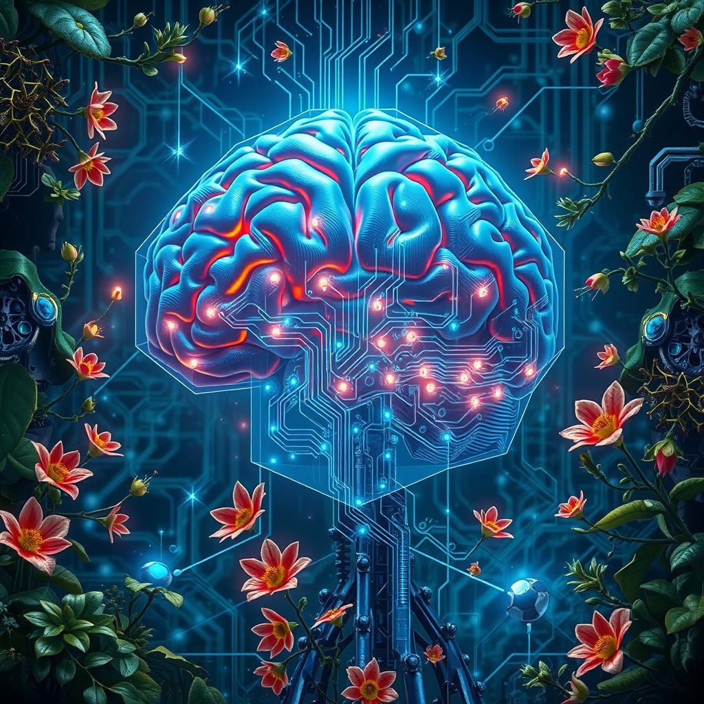 Glowing Circuitry Brain Art in Biomechanical Style