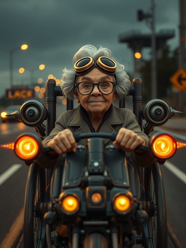 Steampunk Granny Races Rocket Rocker on Noir Highway